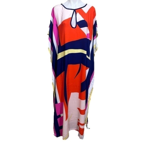 Multi color Geo Print Tie Neck Batwing Sleeve split oversize Cover Up kaftan - Picture 2 of 9